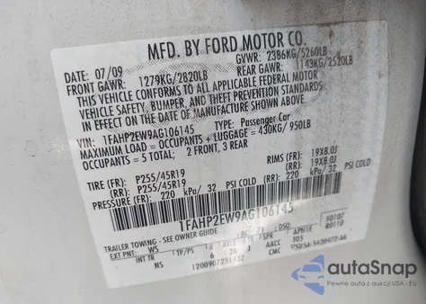 2010 Ford Taurus Sel из США, поврежденный, VIN 1FAHP2EW9AG106145